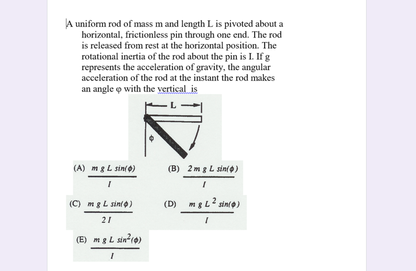 Solved A uniform rod of mass m and length L is pivoted about | Chegg.com