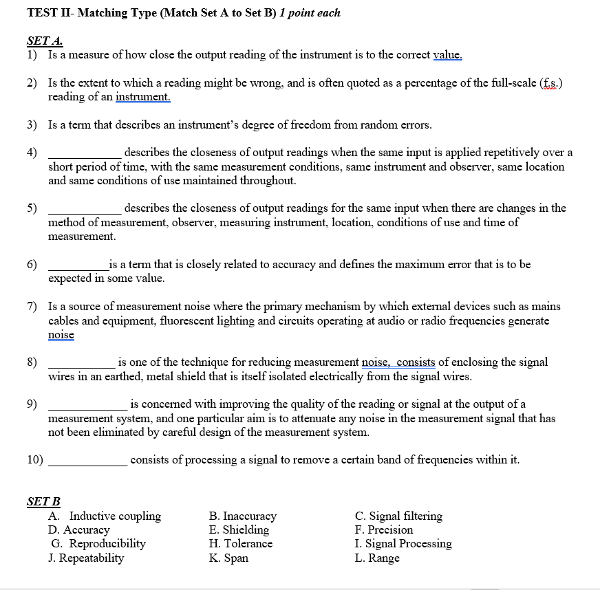 Solved TEST II- Matching Type (Match Set A to Set B) 1 point | Chegg.com