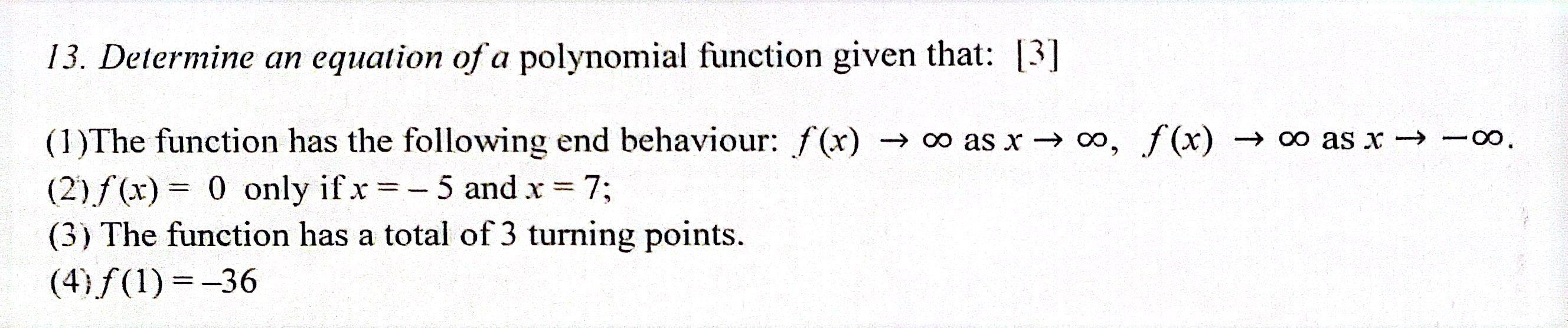 Solved 13. Determine an equation of a polynomial function | Chegg.com