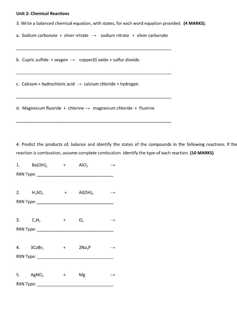 Solved Unit 2: Chemical Reactions 3. Write a balanced | Chegg.com