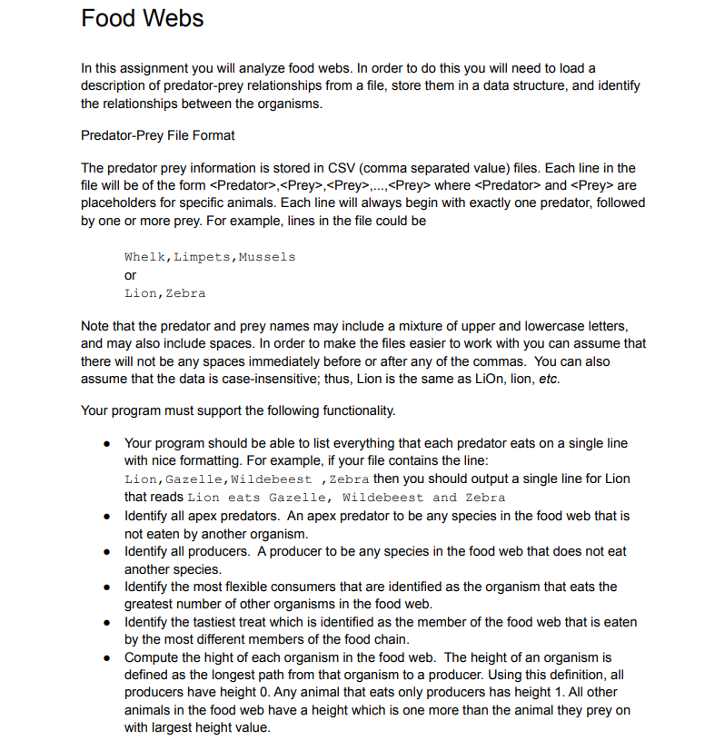 Food Webs In this assignment you will analyze food | Chegg.com