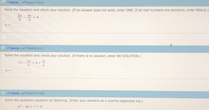 Solved -11 points LarPCalc9A,5013. Solve the equation and | Chegg.com