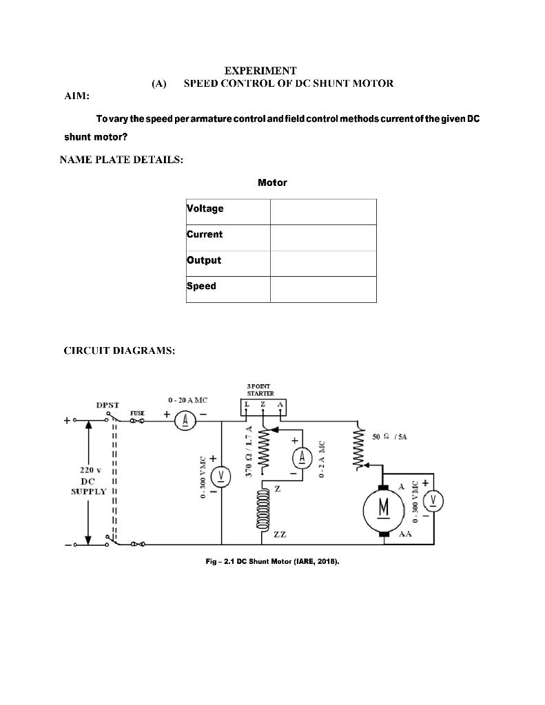 Solved EXPERIMENT SPEED CONTROL OF DC SHUNT MOTOR (A) AIM