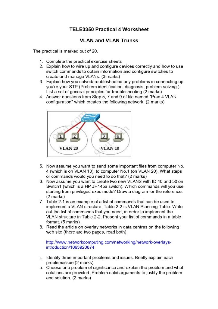 TELE3350 Practical 4 Worksheet VLAN and VLAN Trunks | Chegg.com