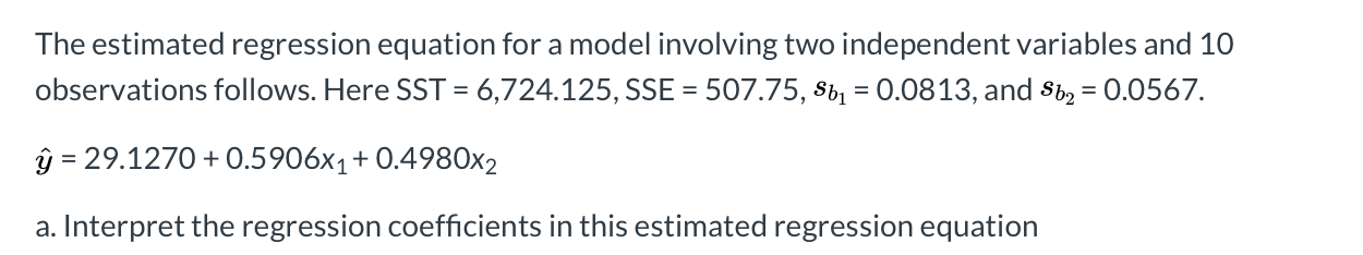 Solved The estimated regression equation for a model | Chegg.com