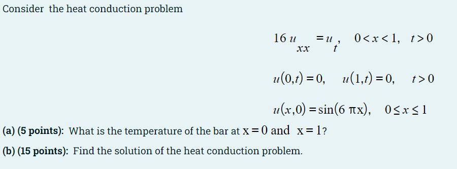 Solved Consider the heat conduction problem 16 u =U, 00 xx t | Chegg.com