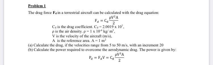 Solved Problem 1 The drag force Fa in a terrestrial aircraft | Chegg.com