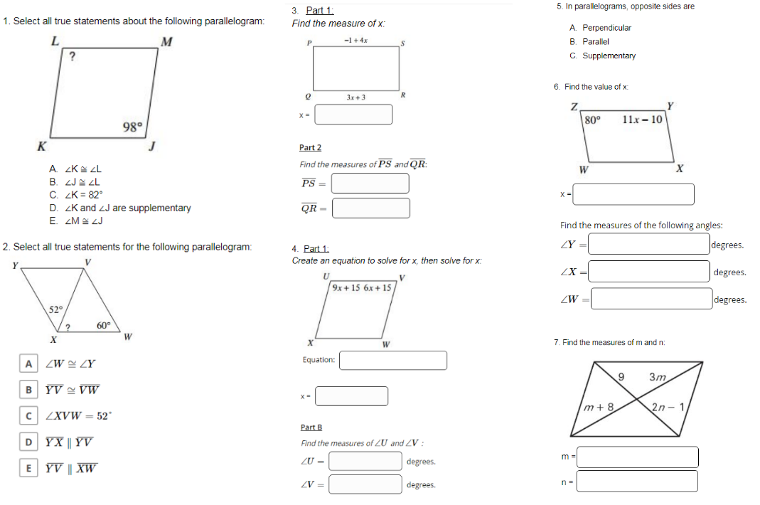 Solved 5. In parallelograms, opposite sides are 1. Select | Chegg.com