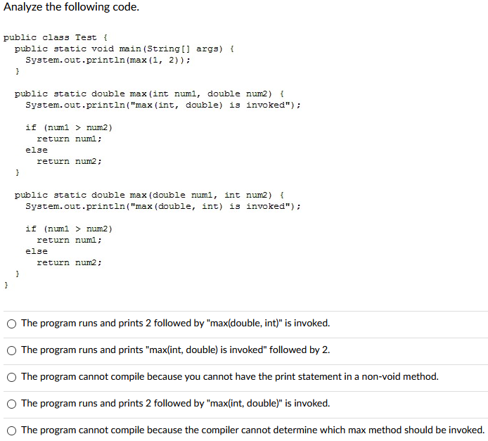 Solved Analyze the following code. public class Test { | Chegg.com image.