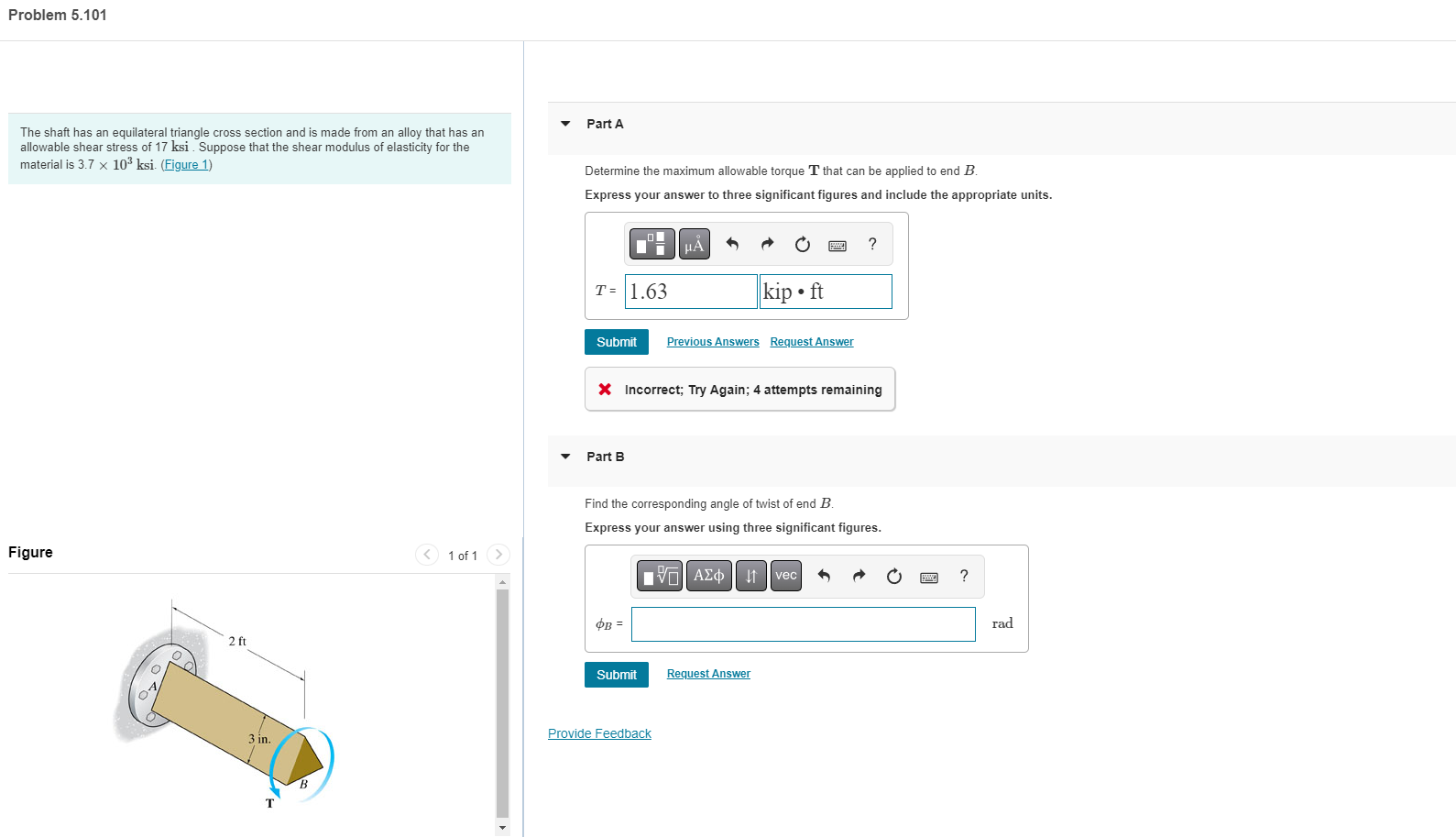 Solved The shaft has an equilateral triangle cross section