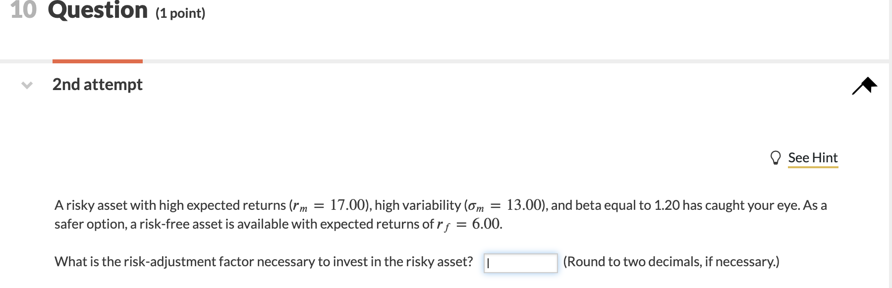 Solved 10 Question (1 point) 2nd attempt See Hint 17.00), | Chegg.com