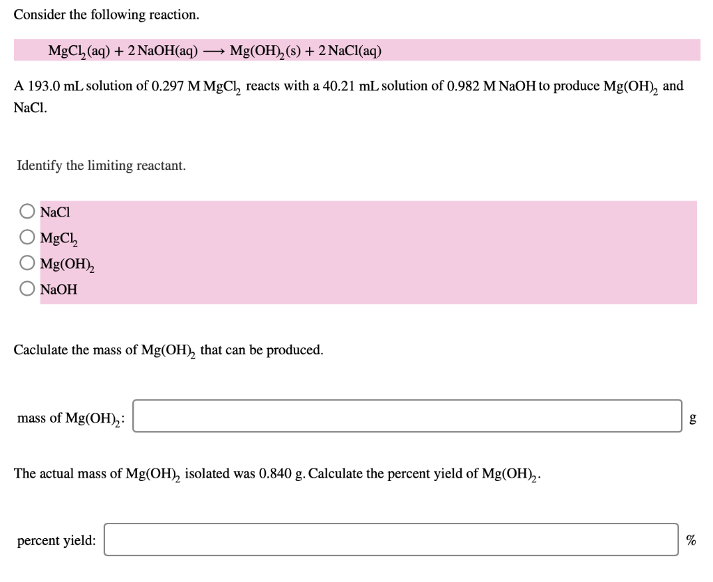 Solved Consider the following reaction. MgCl2 (aq) + 2 | Chegg.com