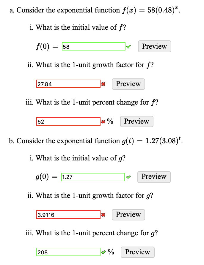 Solved a. Consider the exponential function f(x) 58(0.48) i. | Chegg.com
