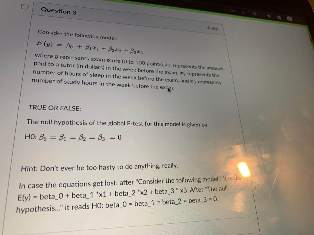 Solved Question 3 4 Pts Consider The Following Model E Y Chegg Com