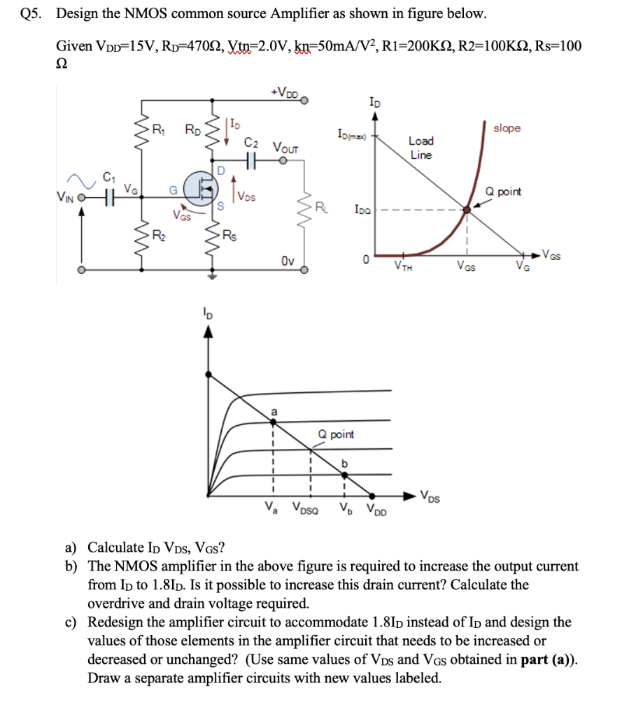 5. Design the NMOS common source Amplifier as shown in figure below.
Given \( \mathrm{V}_{\mathrm{DD}}=15 \mathrm{~V}, \mathr