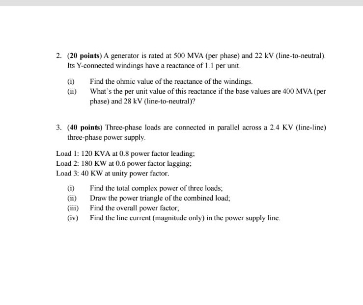 Solved 2. (20 points) A generator is rated at 500 MVA (per | Chegg.com