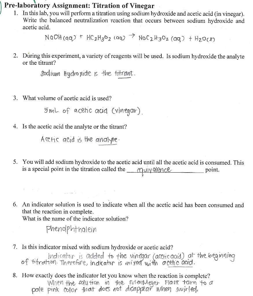 Solved Pre-laboratory Assignment: Titration of Vinegar 1. In | Chegg.com