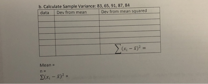Solved b. Calculate Sample Variance: 83,65, 91, 87, 84 data | Chegg.com