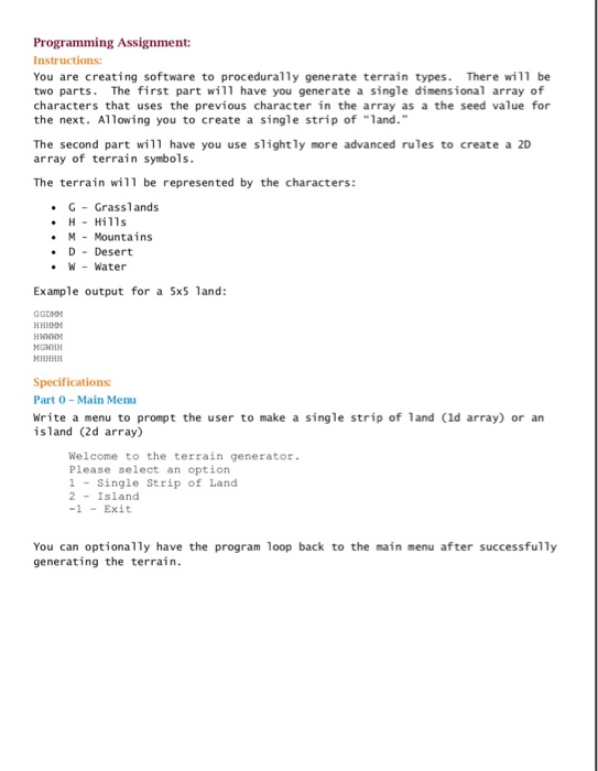 Solved CSE205 Assignment 2 ASCII Terrain Generator 5Opts | Chegg.com