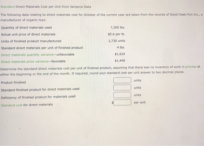Solved Standard Direct Materials Cost per Unit from Variance