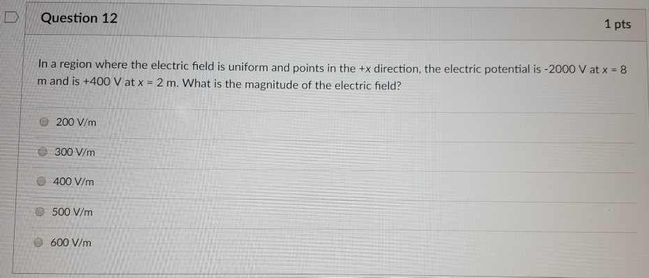 Solved D Question 12 1 pts In a region where the electric | Chegg.com