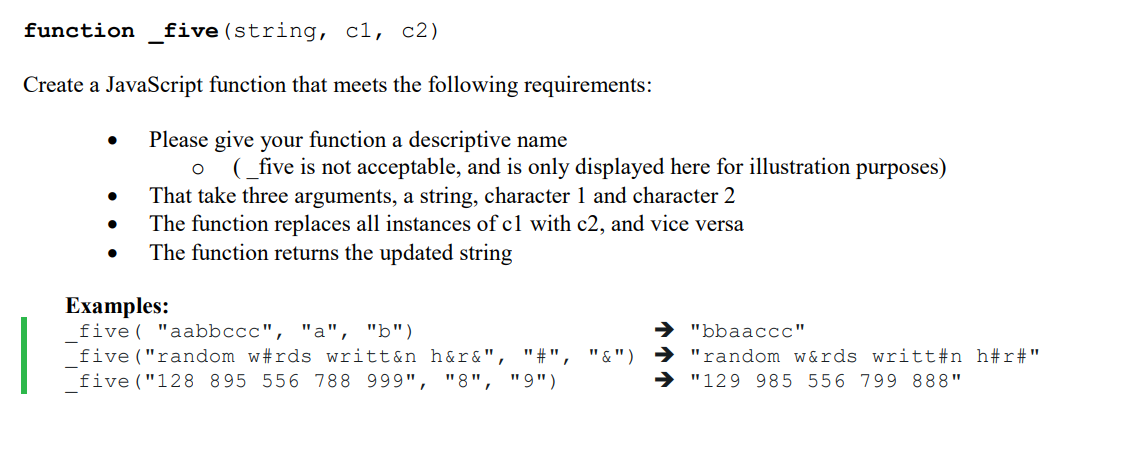 Solved function five (string, cl, c2) Create a JavaScript | Chegg.com