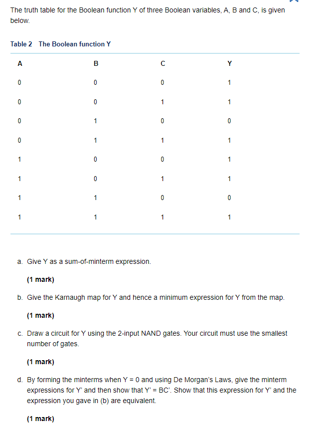 Solved The truth table for the Boolean function Y of three | Chegg.com