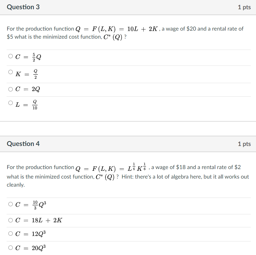 Solved For the production function Q = F ( L , K ) = 10 L + | Chegg.com