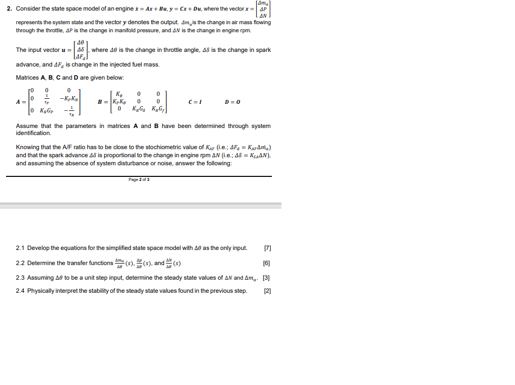 Solved 2. Consider The State Space Model Of An Engine | Chegg.com