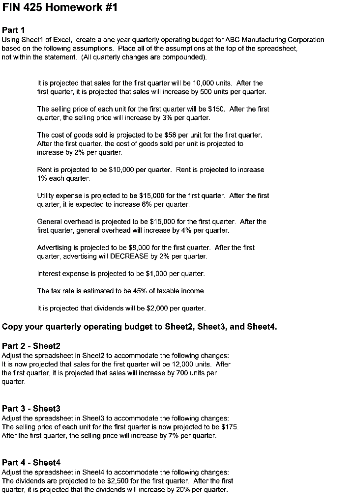 Solved FIN 425 Homework 1 Part 1 Using Sheet1 of Excel,