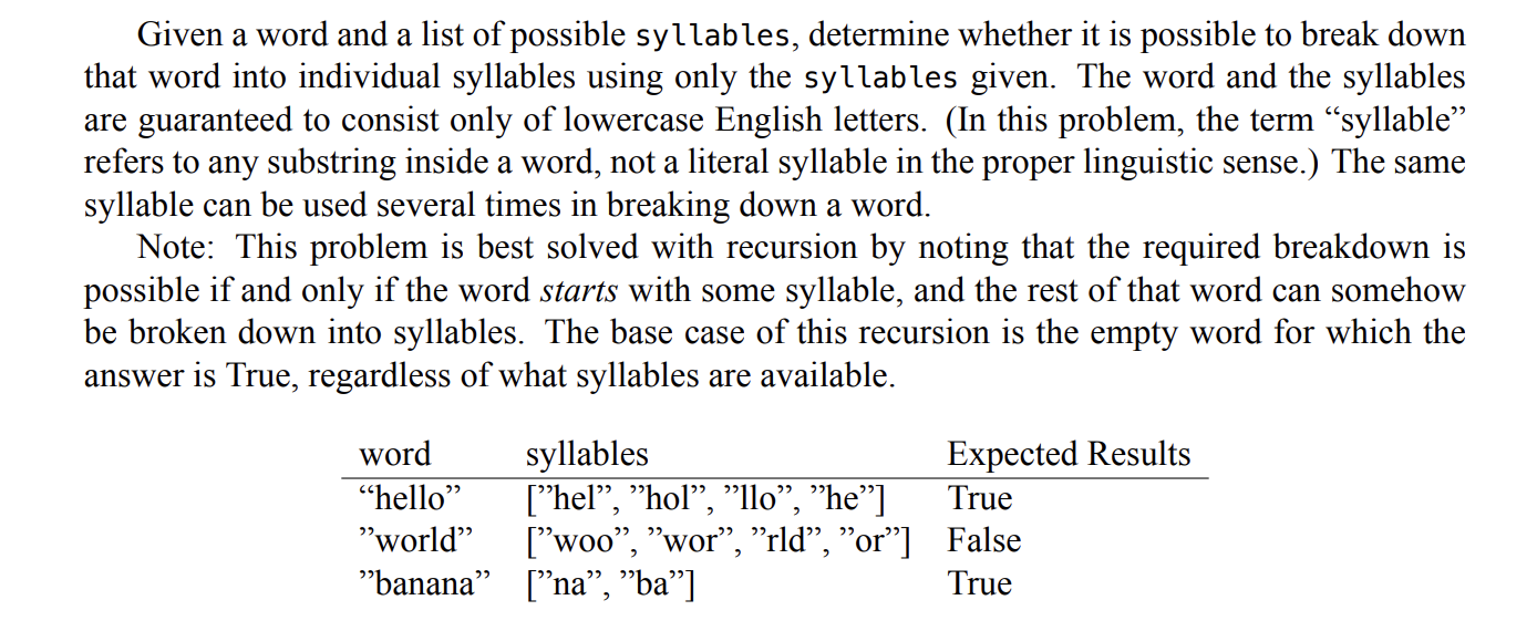 Solved Given a word and a list of possible syllables, | Chegg.com