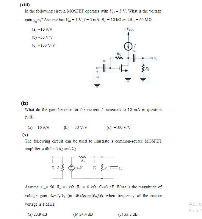 Solved The Gate Voltage Applied To The Mosfet Below Switches Or Cheggcom