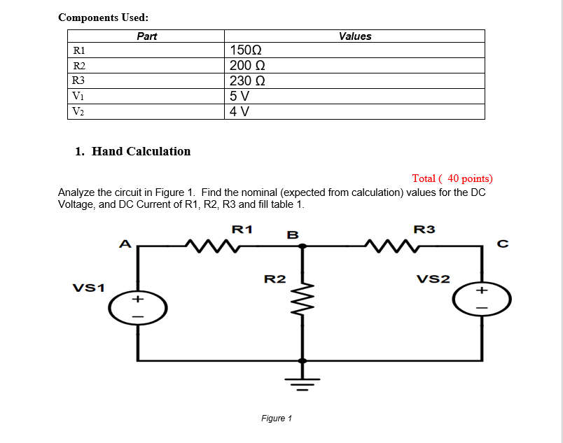 Solved Components Used: Part Values R1 R2 R3 Vi V2 150Ω 200 | Chegg.com