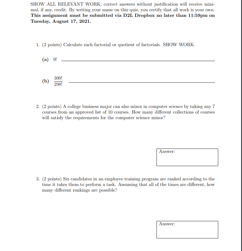 Solved SHOW ALL RELEVANT WORK; correct answers without | Chegg.com