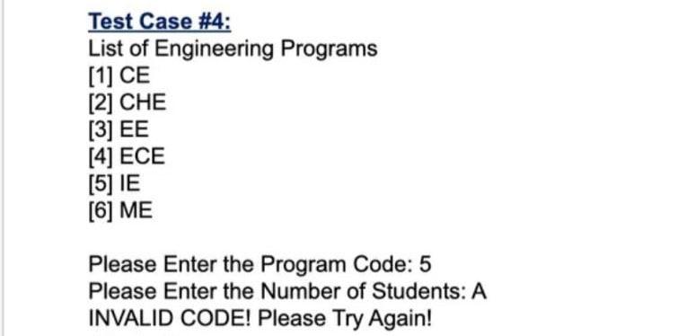Solved Test Case #1: List of Engineering Programs: [1] CE | Chegg.com