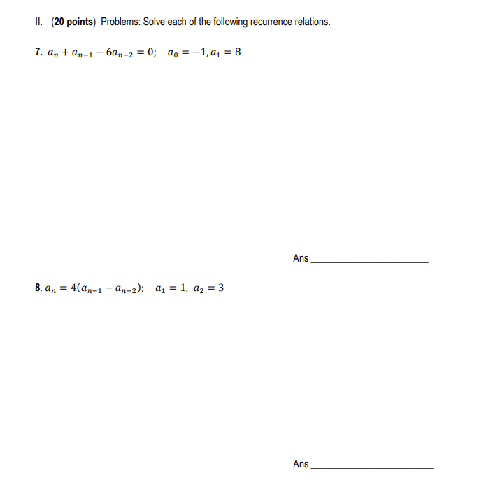 Solved II. (20 Points) Problems: Solve Each Of The Following | Chegg.com