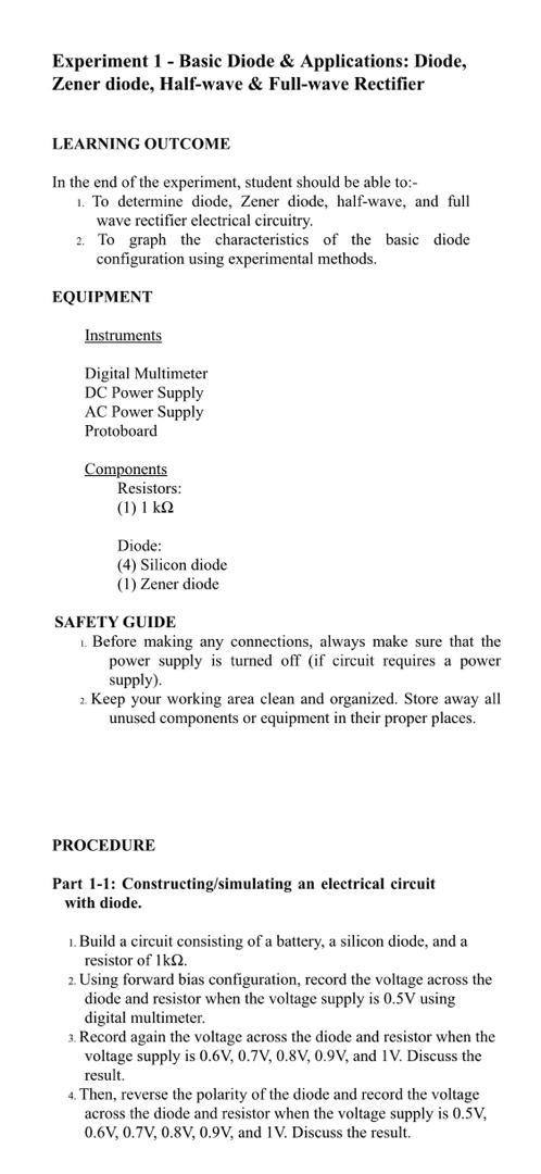 Solved Experiment 1 Basic Diode Applications Diode Chegg