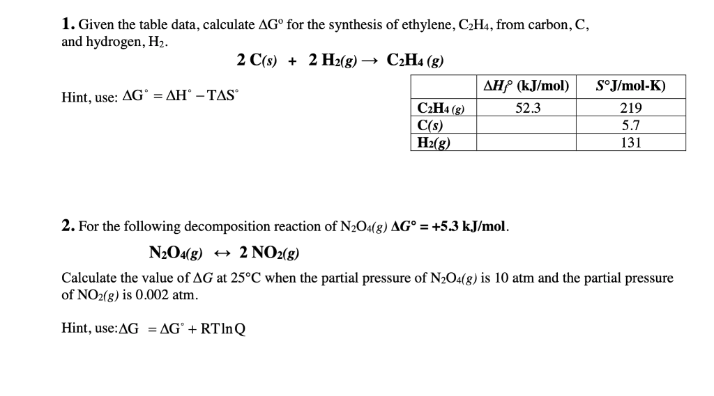 Solved 1. Given the table data calculate AG for the Chegg