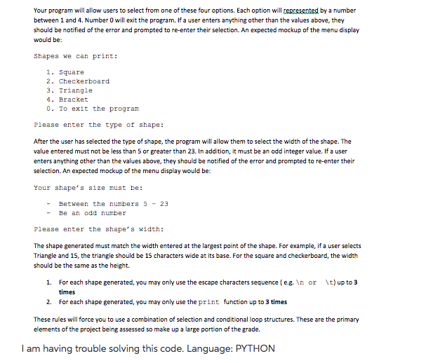 Solved Your program will allow users to select from one of | Chegg.com