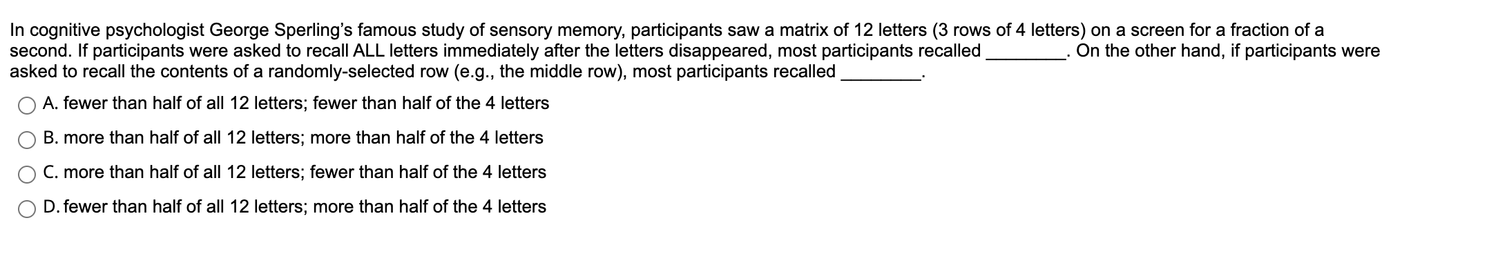 in sperling's memory experiment research participants