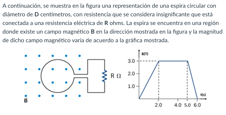 A continuación, se muestra en la figura una representación de una espira circular con diámetro de \( \mathbf{D} \) centímetro