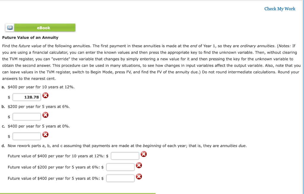 Solved Check My Work EBook Future Value Of An Annuity Find | Chegg.com