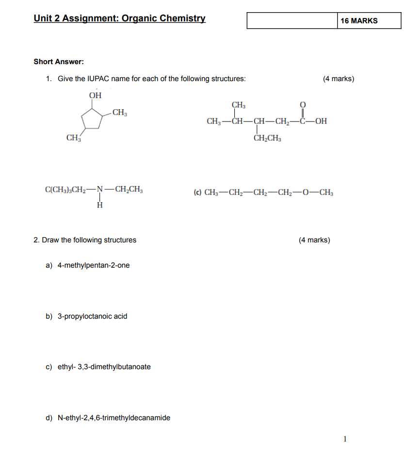 Solved Unit 2 Assignment: Organic Chemistry Short Answer: 1. | Chegg.com