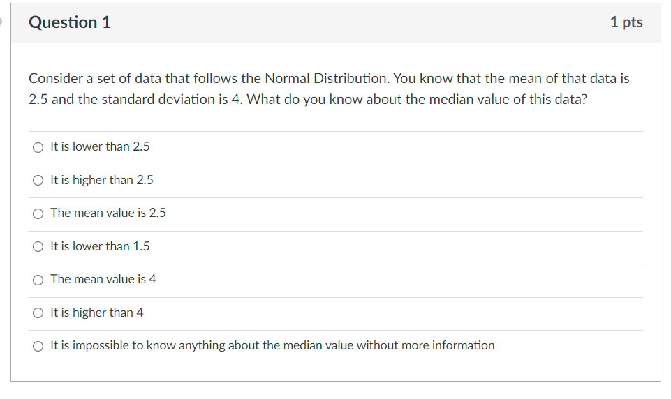 Solved Question 1 1 pts Consider a set of data that follows | Chegg.com