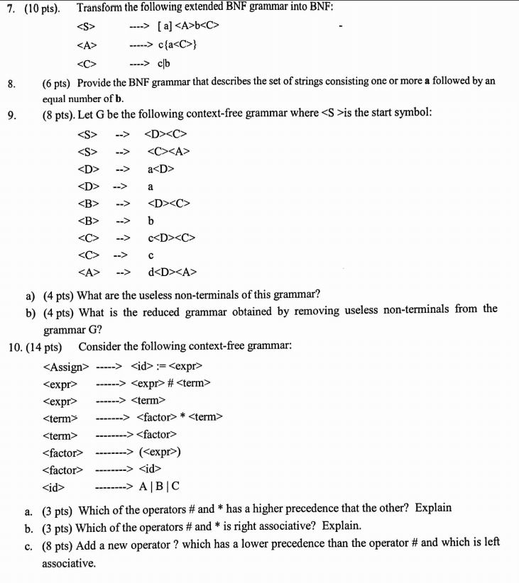 Solved 7. (10 pts). Transform the following extended BNF | Chegg.com