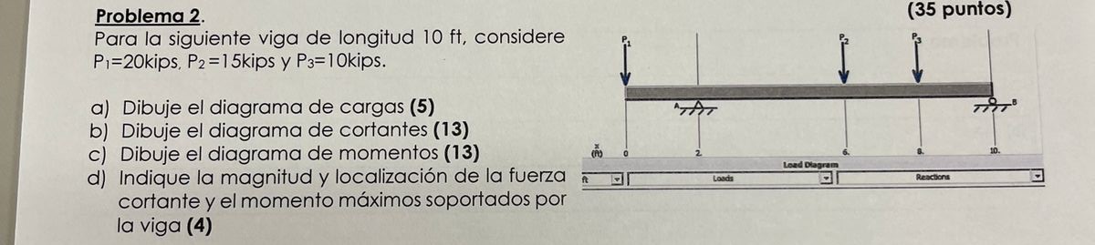 Problema 2. Para la siguiente viga de longitud \( 10 \mathrm{ft} \), considere \( P_{1}=20 \) kips, \( P_{2}=15 \) kips y \(