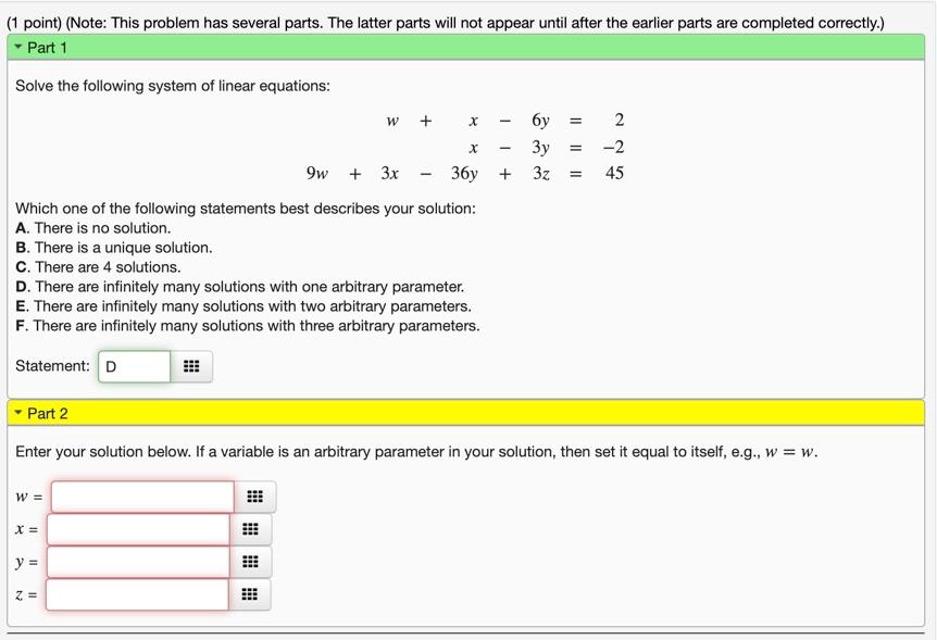 Solved (1 point) (Note: This problem has several parts. The | Chegg.com