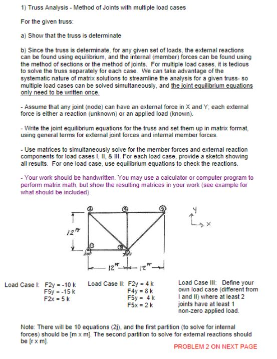 Solved 1) Truss Analysis - Method of Joints with multiple | Chegg.com