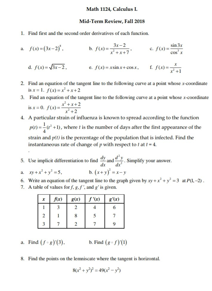 Solved Math 1124, Calculus I. Mid-Term Review, Fall 2018 1. | Chegg.com