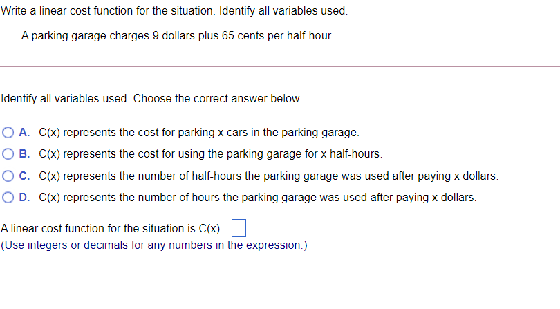 Solved Write a linear cost function for the situation. | Chegg.com